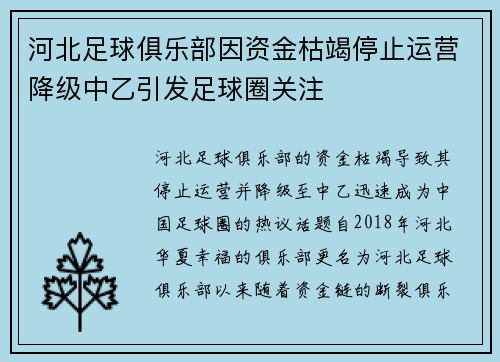 河北足球俱乐部因资金枯竭停止运营降级中乙引发足球圈关注